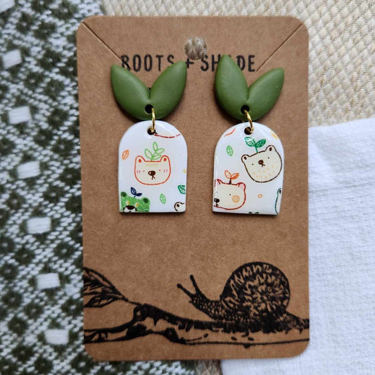 Leaf + Bear Handmade Polymer Clay Earrings