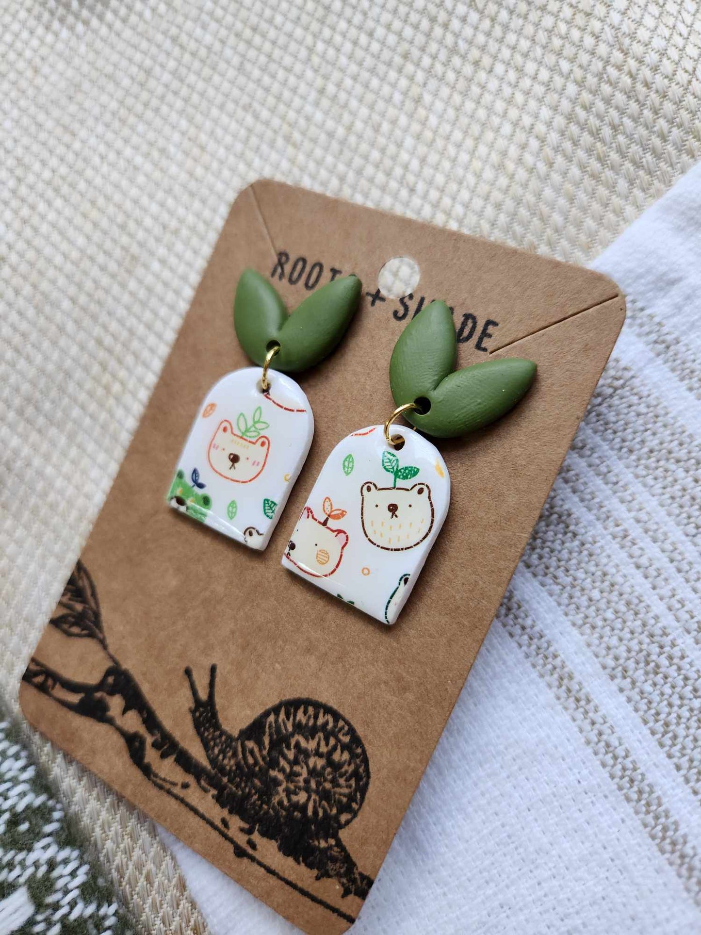 Leaf + Bear Handmade Polymer Clay Earrings